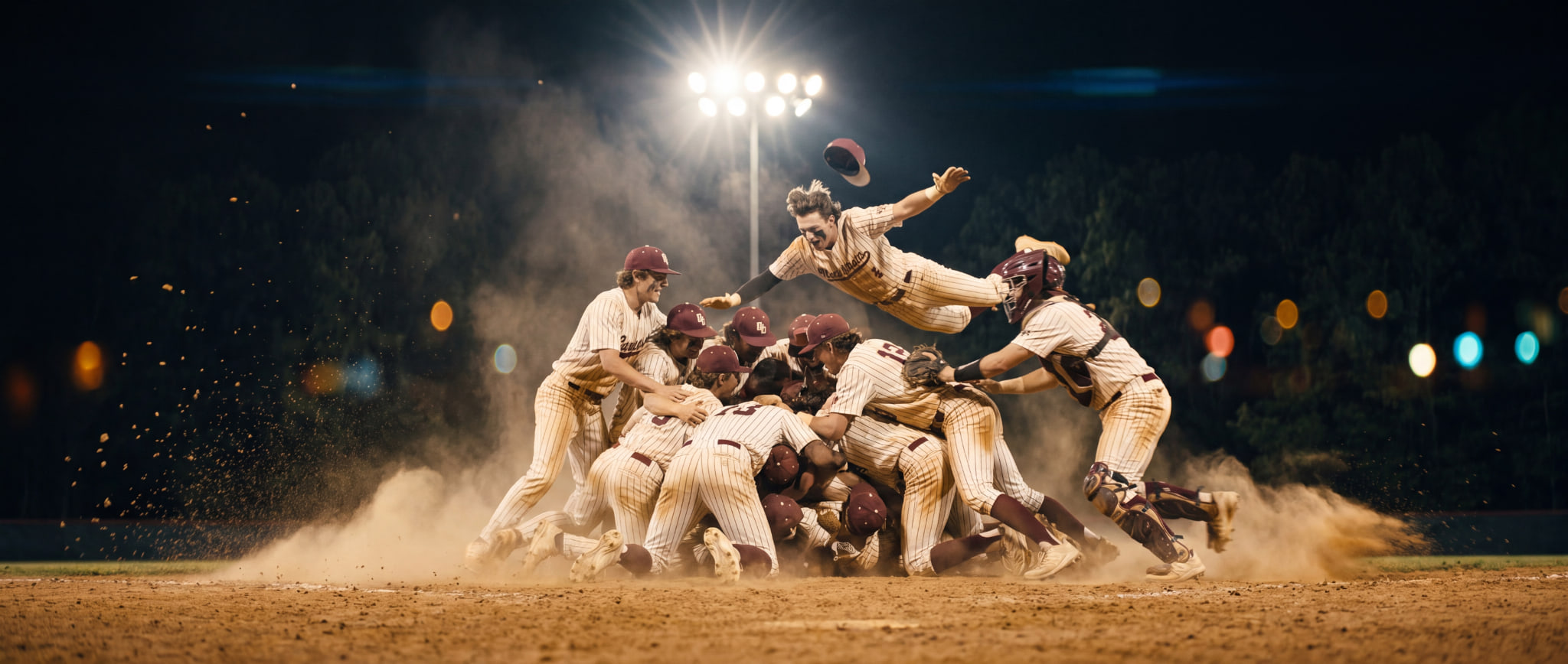 Players mob the plate after a walk-off under the lights