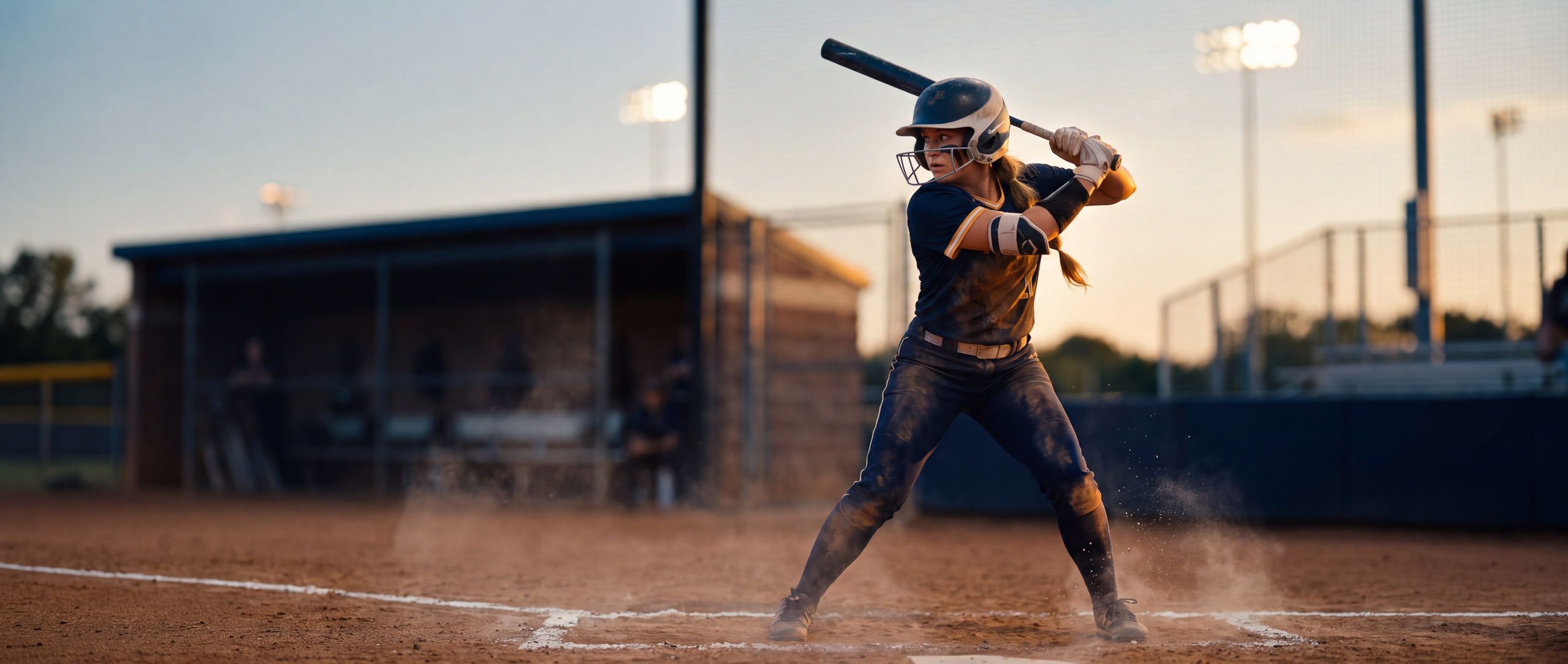 Softball player driving through a swing under the lights